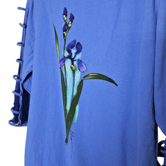 CMC Hand-Painted Iris Blue Tunic Top Sleeves XXL Cotton Lightweight Art you wear - Picture 5 of 8